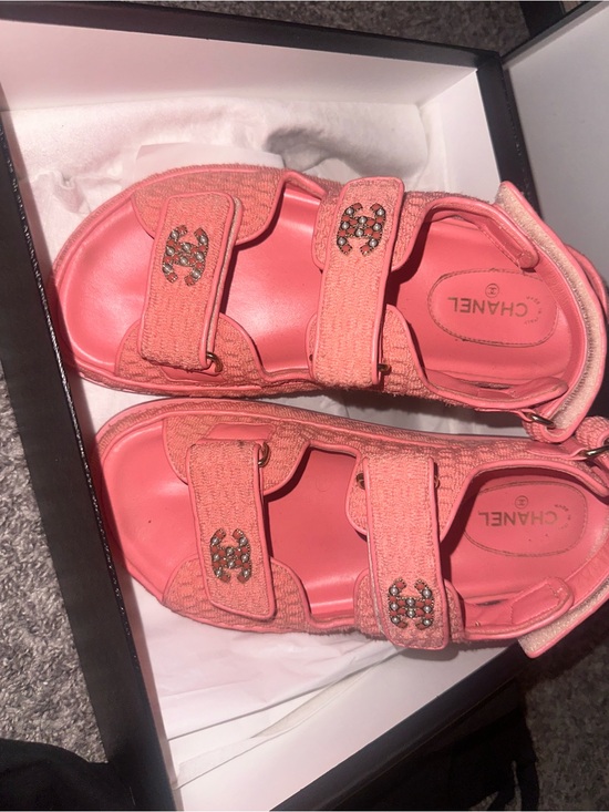CHANEL Shoes - CHANEL Coral Pink Crystal CC Strap Sandals